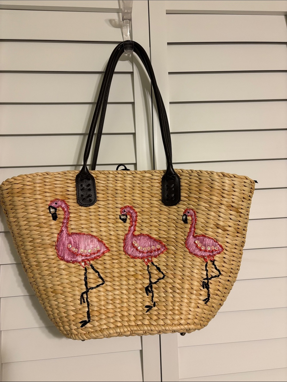 Flamingo Woven Straw Tote Pink Sequin Embroidered Beach Resort Bag Market Bag